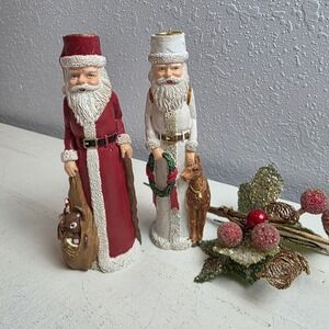 Noble Arts Vintage 90s Christmas Pencil Santas Set‎ of 2 Candle Holder White Red